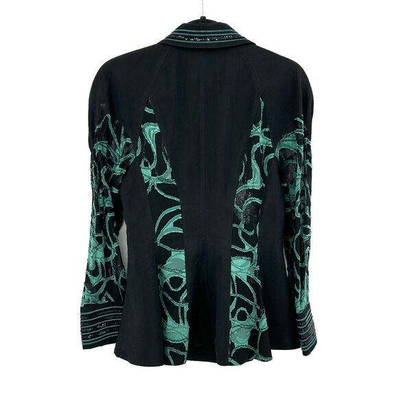 CACHE Vintage Green Black Sequin Embroidered Sheer Sleeve Blazer Jacket Small - Picture 2 of 6